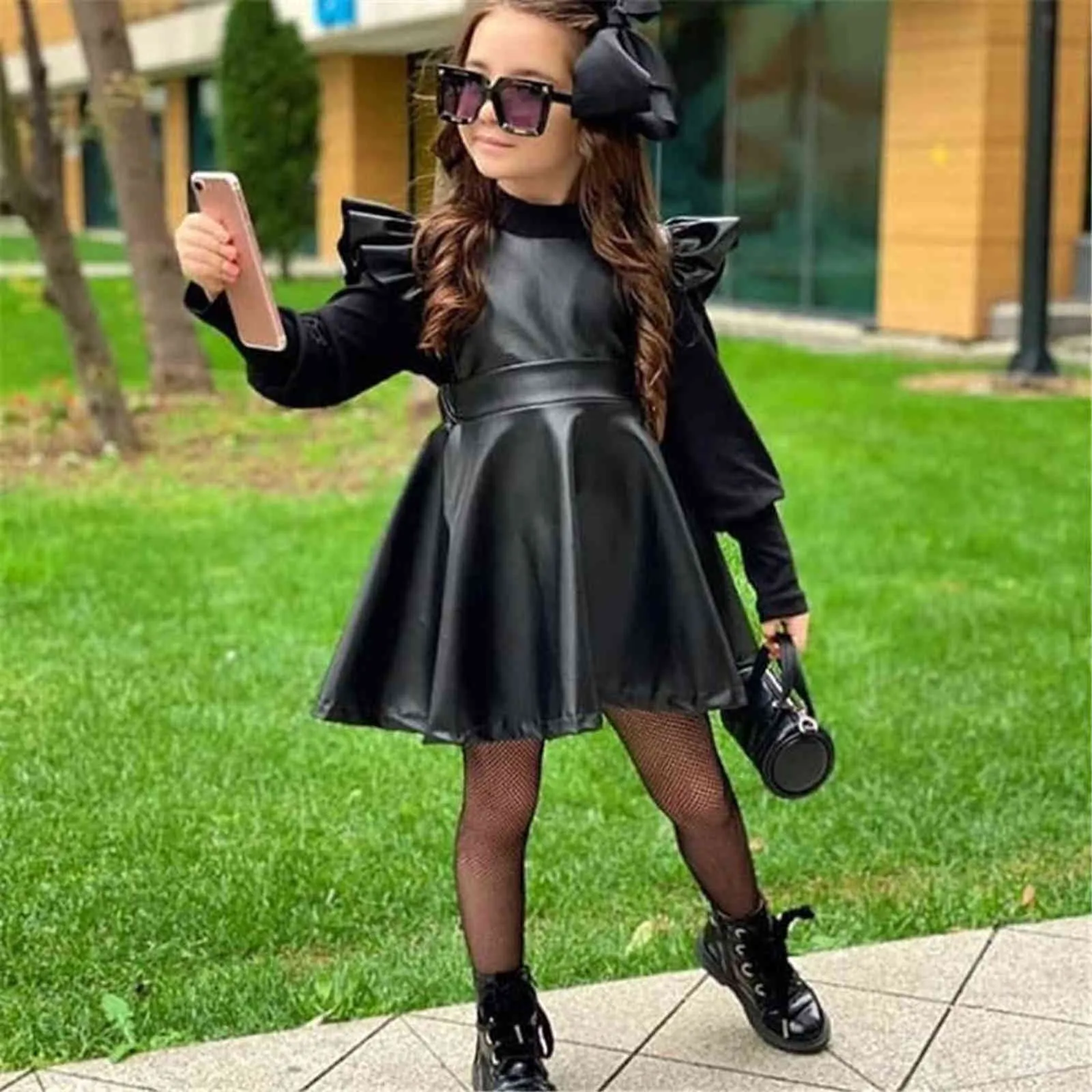 WenaZao Toddler Kids Baby Girls Spring Autumn Overall Black Faux Leather Ruffles Short Sleeve Backless Suspender Princess Dress G1129