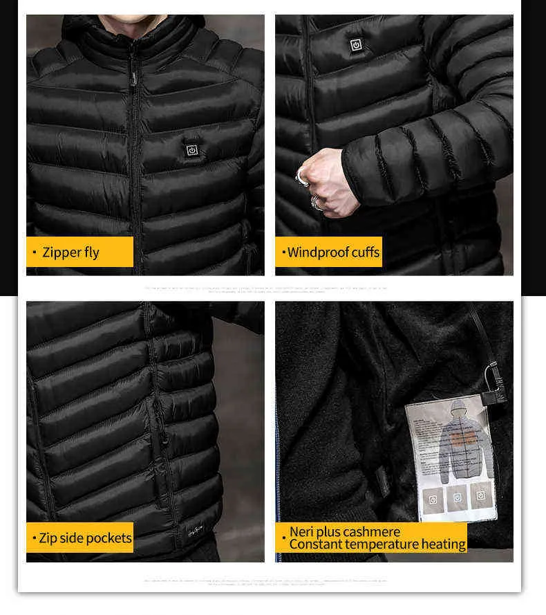 Saz Men Winter Warm USB Heating Jackets Smart Thermostat Pure Color Hooded Heated Clothing Waterproof Cotton Jacket 211104