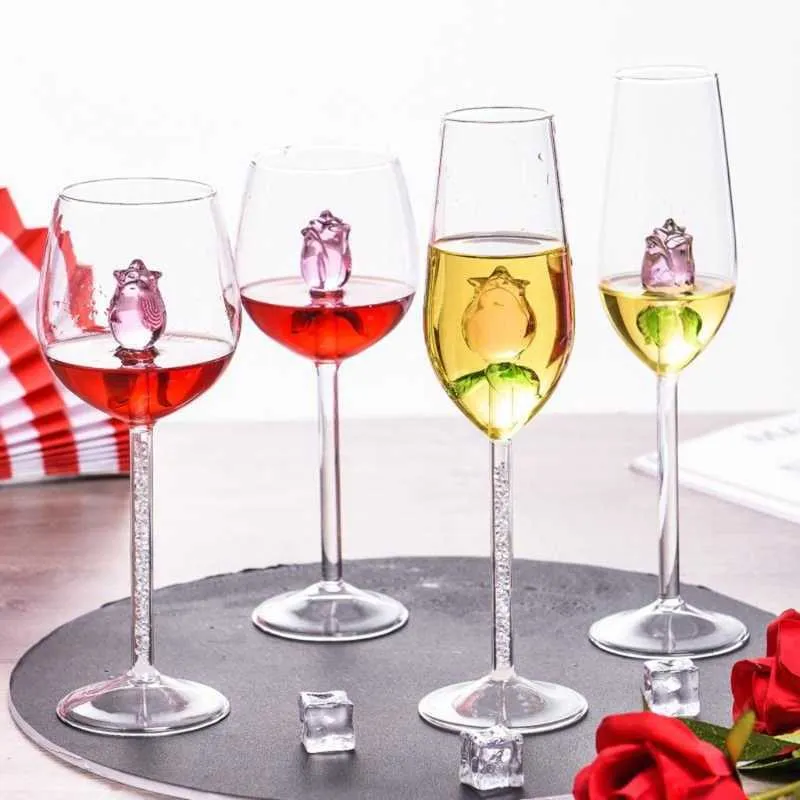 Copos de vinho rosa canecas com rosa dentro da taça de vinho, ótimos para presentes da semana para aniversário, festa de casamento, celebração de Natal 35ED X070193R