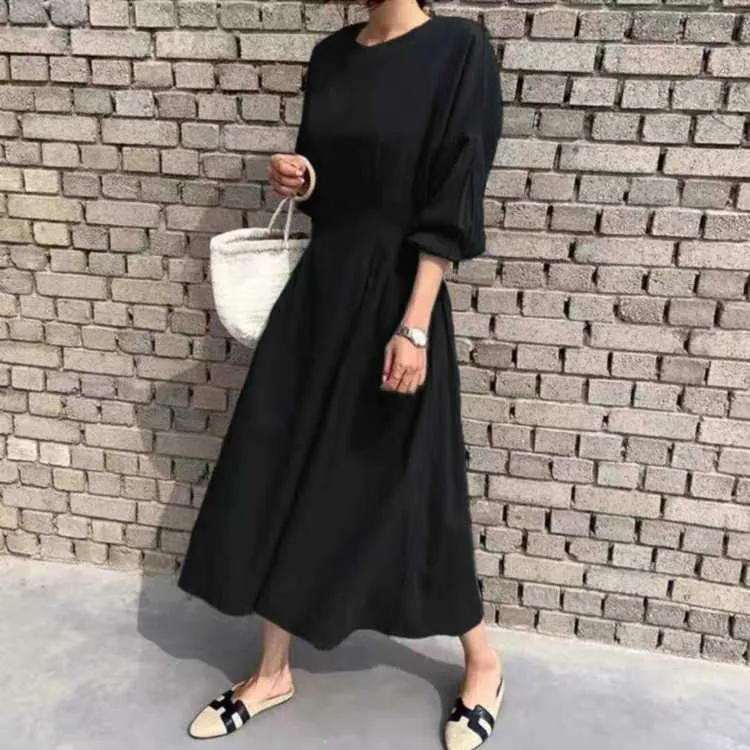 Summer Fashion Womens Blue Korea Loose Casual High Waist Fold Three Quarter Sleeve Girl Female Dress Dresses E011 210603