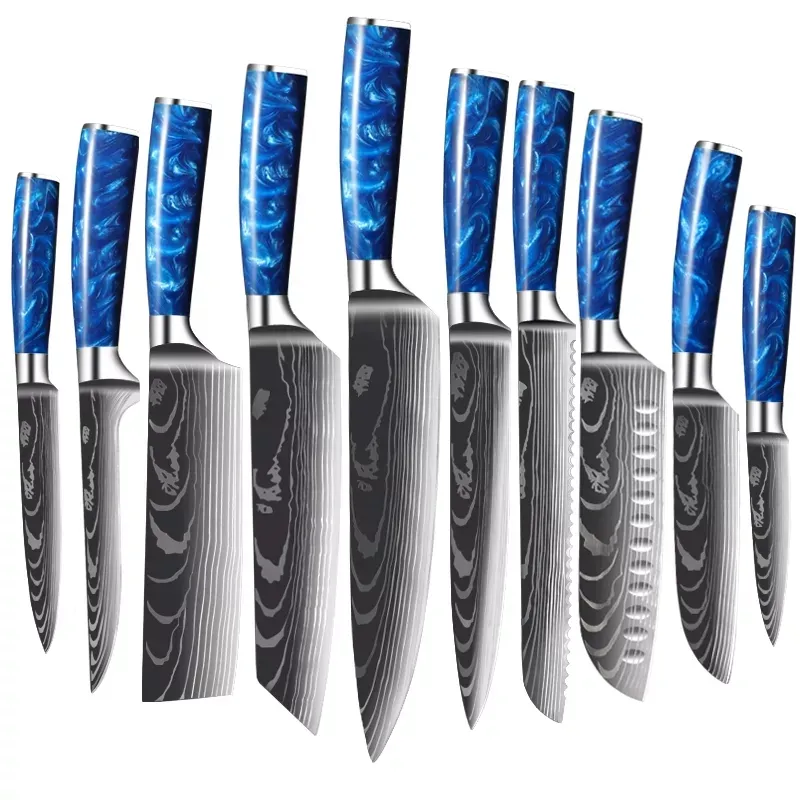 Ensemble de couteaux de chef en acier inoxydable Couteaux de cuisine Professionnel japonais Santoku Cleaver Sharp Poignée en résine Laser Motif Damas Sharp Utility Slicing Cooking Tool