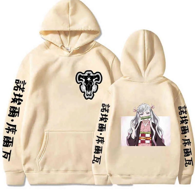 Japansk anime rolig noelle silva hoodies 2021 vinter japan stil svart klöver sweatshirts streetwear hip hop för kvinnor / män h1227