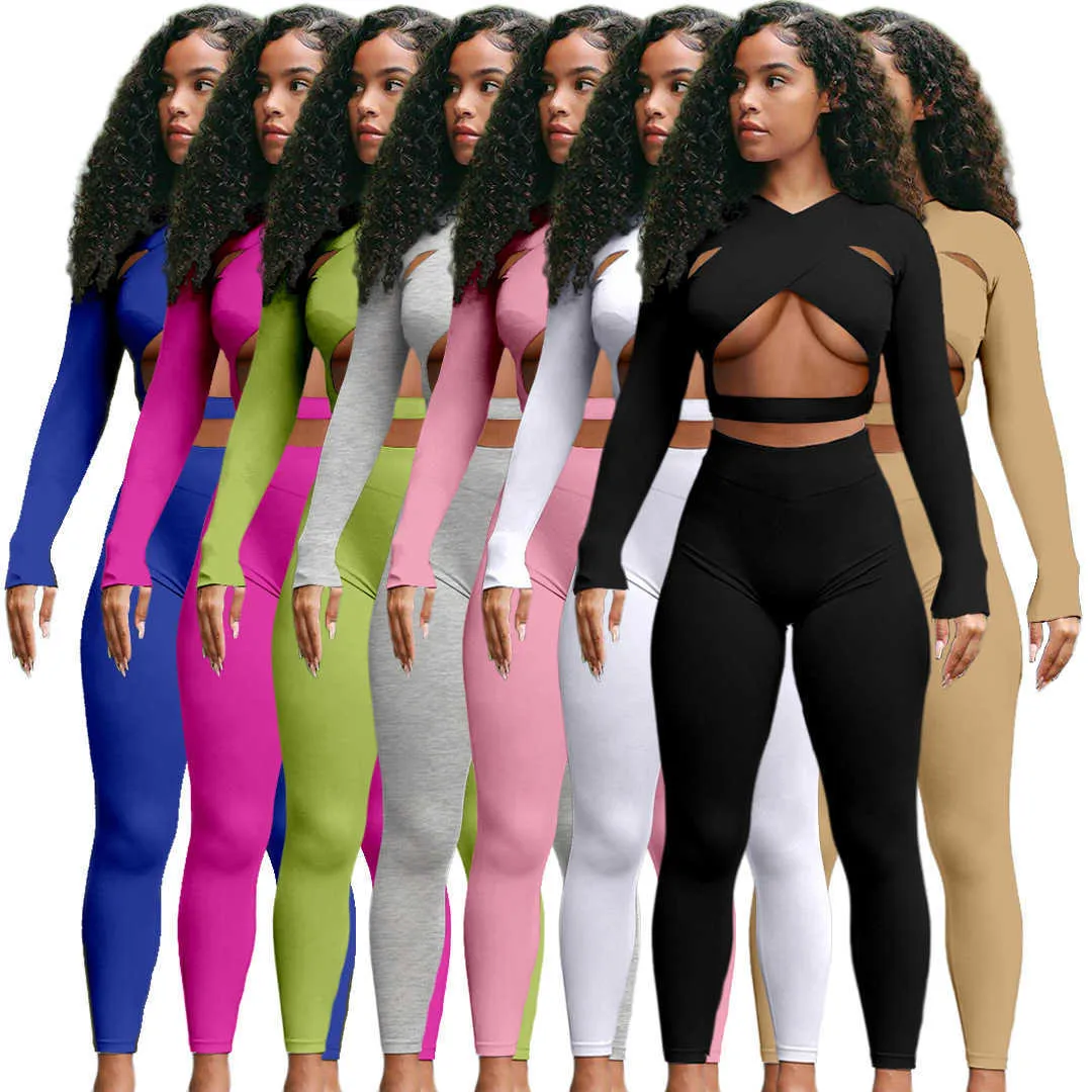 Women Tracksuits Two Pieces Set Deisgner Outfits Slim Sexy Solid Color Cross Cut Pink Outfits Cardigan Long Sleeve Pants Jogger Sets