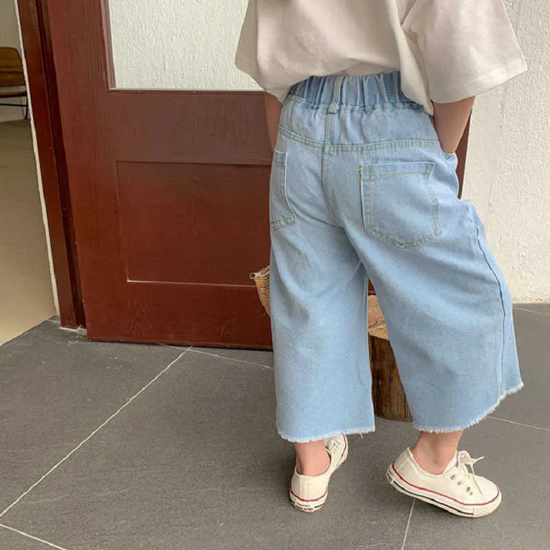 Boys And Girls Pants Ripped Hole Washed Denim Wide Leg Jeans Summer Baby Kids Children'S Clothing 210625
