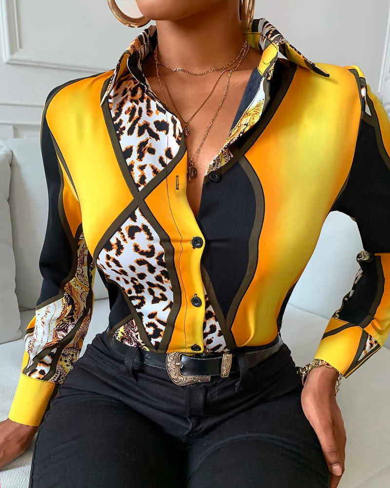 Femmes Élégant Mode FLong Sleeve Top Casual Cheetah Imprimer Colorblock Boutonné Chemise À Manches Longues 210716