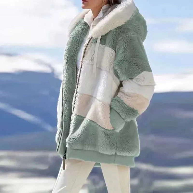 女性のジャケット暖かい豪華なカジュアルルースフード付きコート混合カラーパッチワーク冬のoutwear fauxの毛皮ジッパーレディースパーカー210803