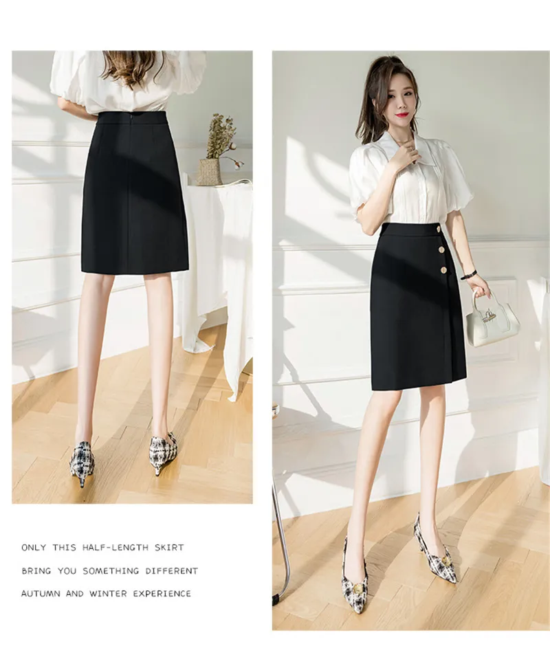 Qooth Rétro A-Line Jupe Style coréen Bureau Lady Jupe mi-longue Taille haute All-Match Slim Button Fashion Jupe QT535 210518