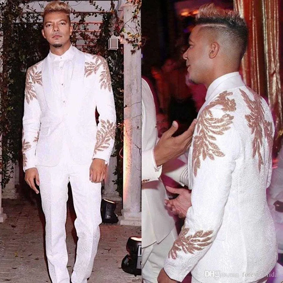 New White Pattern Wedding Prom Party Wear Abiti da uomo Costume Homme Terno Masculino Slim Fit Groom Blazer 2 pezzi Giacca + Pantalone X0909