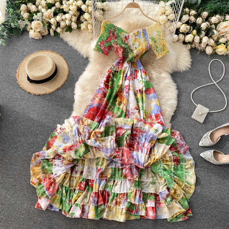 Mujeres primavera cruz estiramiento delgado largo tie-dye impresión gran swing vestido estilo de vacaciones con cuello en v mujer maxi vestidos d019 y0823