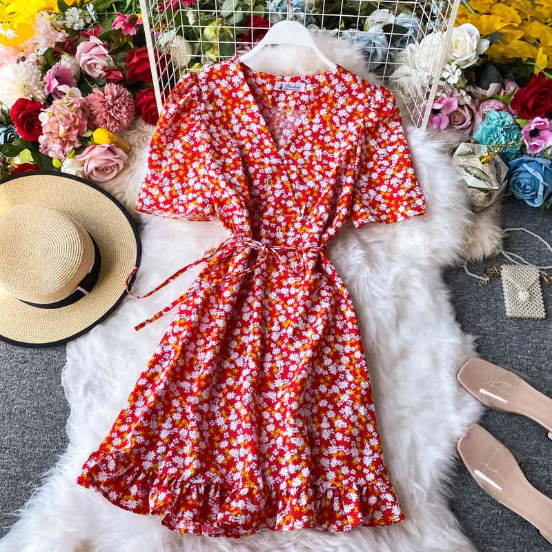 Robe florale élégante col en V a-ligne Mori filles robe d'été douce taille haute volants robes de vacances femmes 16728 210415