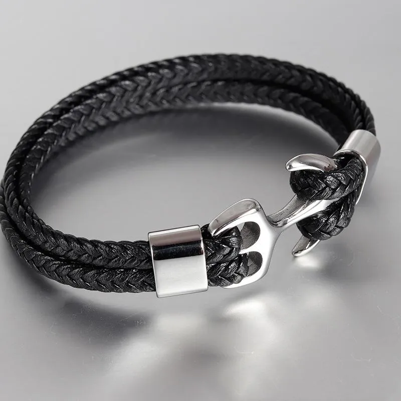 High Quality Men's Titanium Steel Bracelet Black Personality Leather Woven Anchor Rope For Men Gift Charm Bracelets283A