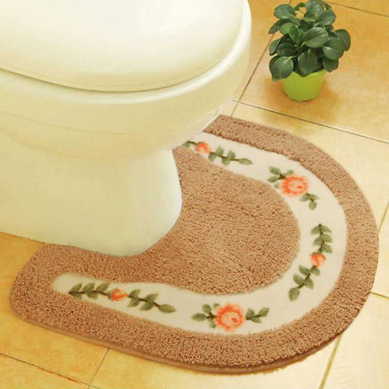牧歌的なスタイルのトイレの敷物の花柄のバスルームのマットu形状のトイレのカーペットの床の装飾バスマットセット繊維トイレ210622
