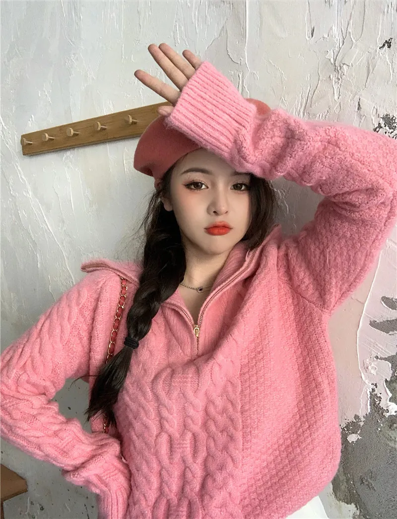Zip-up gebreide vrouwen trui pullover herfst winter volledige mouw mock nek jumpers Koreaanse mode dames tops femme 210513