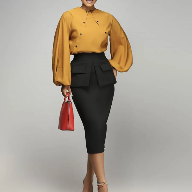 2 peças tops blusa longa lanterna botão para cima com saia preta mulheres terno escritório africano moda feminina dois pedaços conjuntos 210416