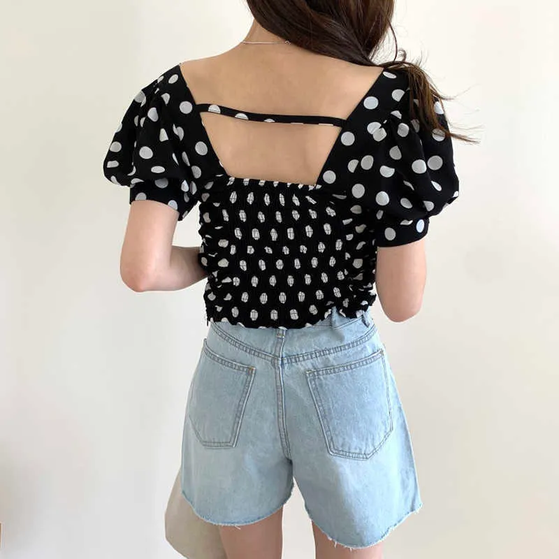 Korejpaa Women Set Summer Korea Chic Square Neck Pleated Polka Dot Puff Sleeve Shirt High Waist Straight Blue Denim Pants 210526