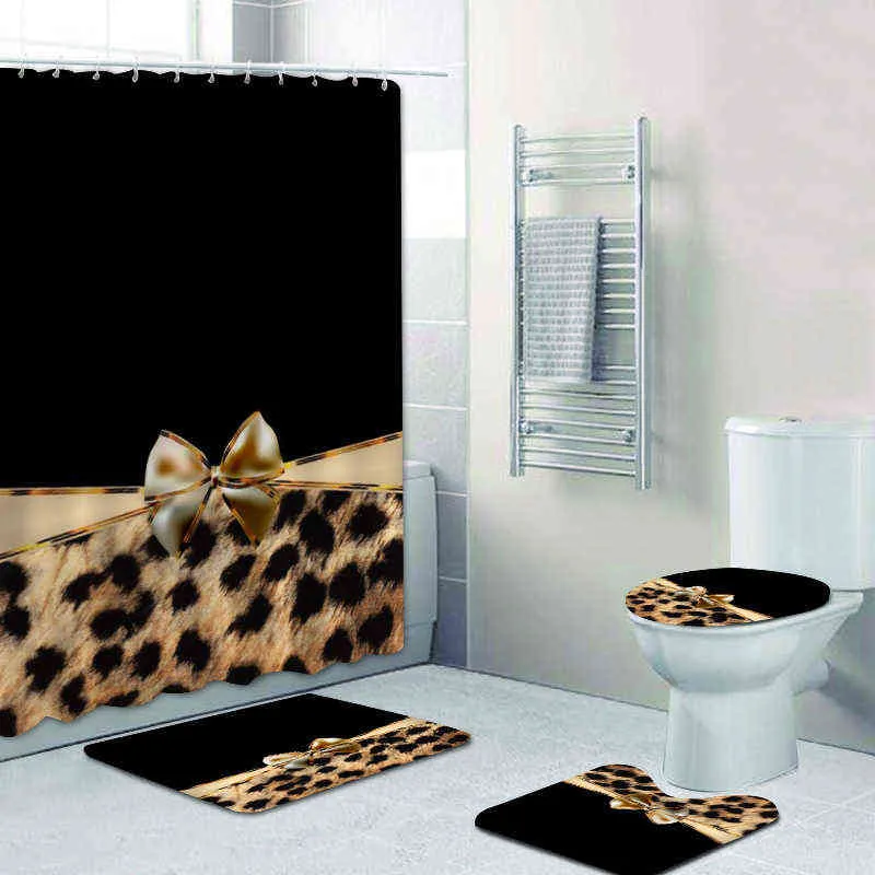 Girly Pink Ribbon Leopard Print Shower Curtain Set Modern Cheetah Leopard Bath Curtains for Bathroom Home Decor Curtains 211102277W