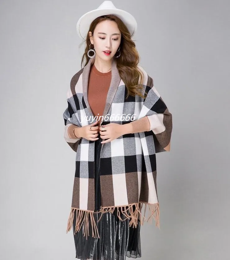 Sciarpa in cashmere calda autunno inverno donna con maniche doppio mantello capa Pashmina nappa cappotto pesante kaki plaid237S