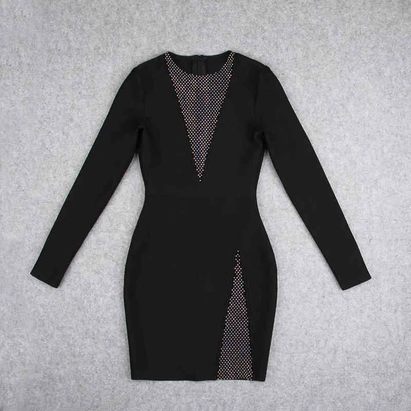 Kvinnor Vinter Sexig Långärmad O Neck Mesh Diamonds Black Mini Bodycon Bandage Dress 2021 Elegant Evening Party Dress Vestidos G1214