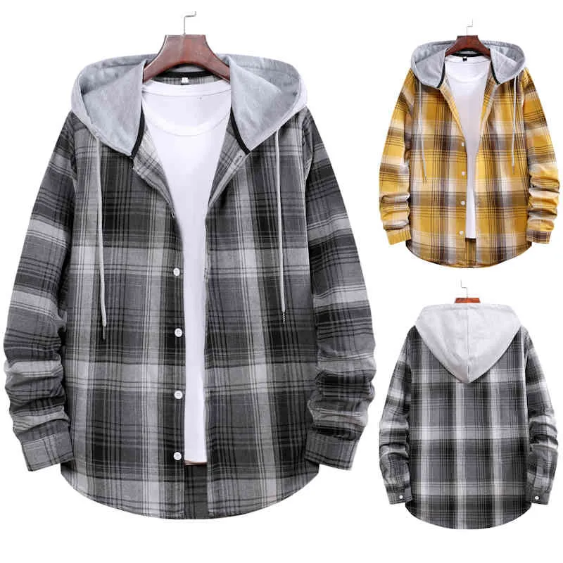 Jaune Plaid À Capuche Chemise Hommes Printemps À Manches Longues Boutonné Hommes Robe Chemises Casual Hipster Streetwear Chemise Chemise 210522