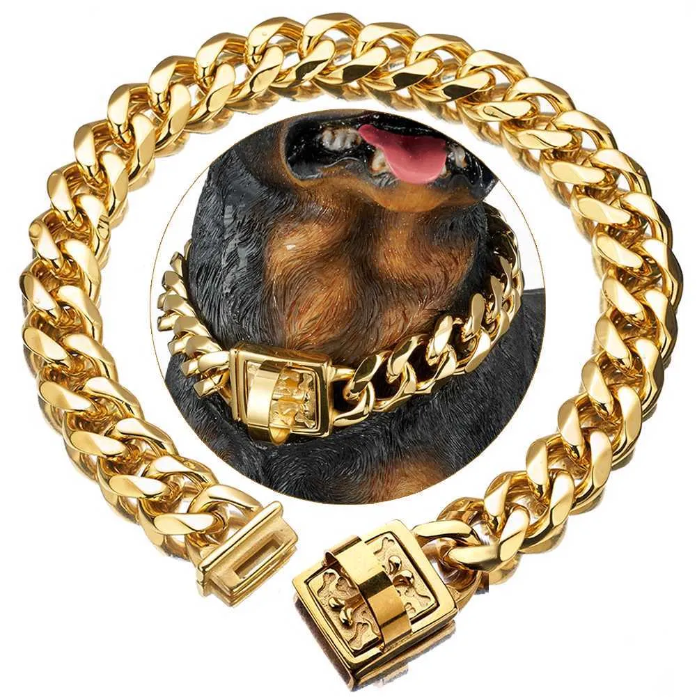 Collier pour chien de 19 mm, couleur or 18 carats, robuste, en acier inoxydable, collier de dressage de luxe, lien cubain avec chaîne à fermoir durable X0703275B