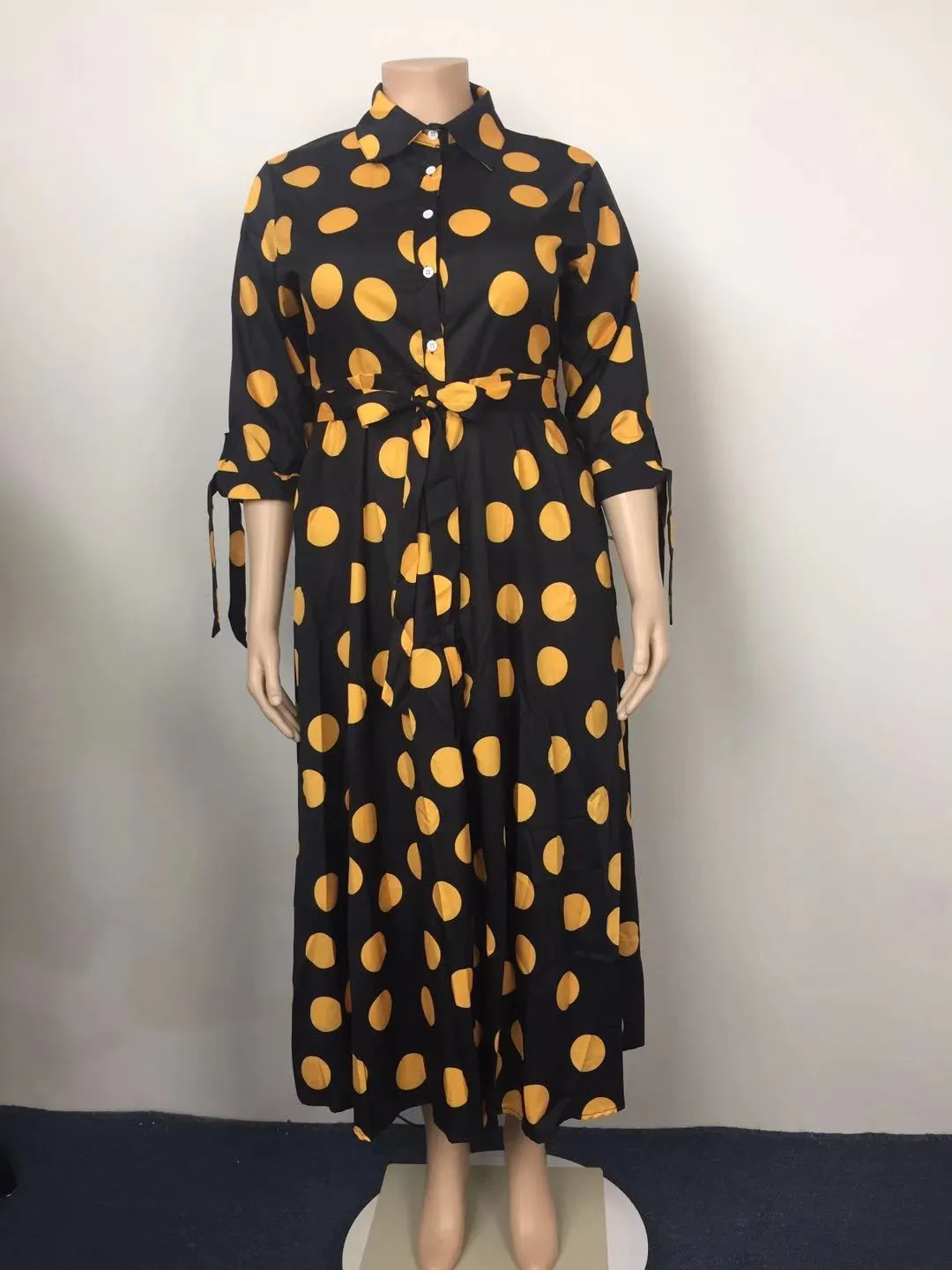 Kvinnor gul polka dot tryckta klänningar vintage retro med sashes plus storlek damer afrikansk mode kvinnlig hög midja sommar kläder 210416