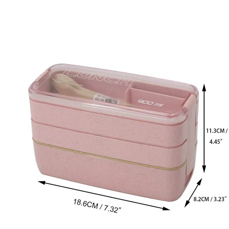 Set sets 900 ml gezond materiaal lunchbox 3 lagen tarwestro bento dozen magnetron opslagcontainer lunchbox bentoboxes273b
