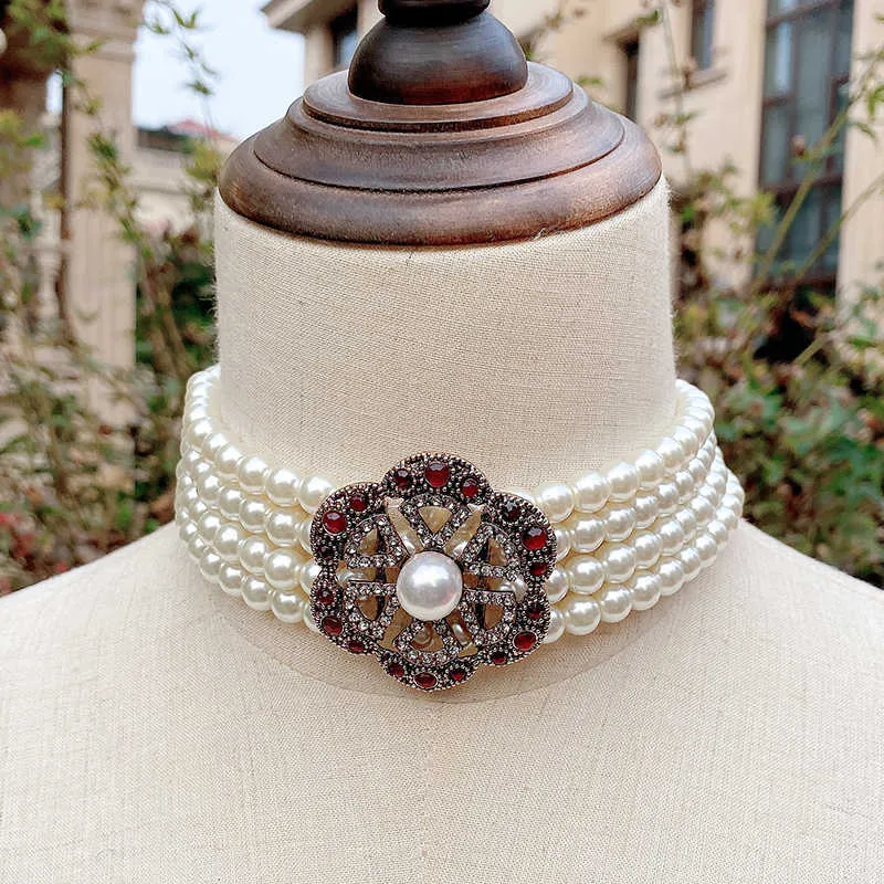 Gargantilla de boda étnica de lujo para novia, collar de flores de cristal grande con perlas multicapa de Color dorado antiguo, joyería marroquí