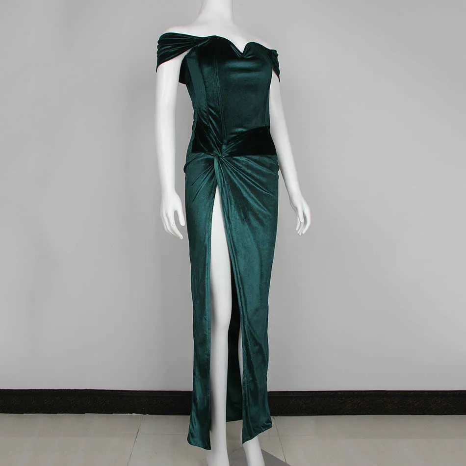 ファッショングリーンベルベット非対称のぶら下がっている長いオフショルダーコルセットドレス女性のパーティークリスマスvestido 210527