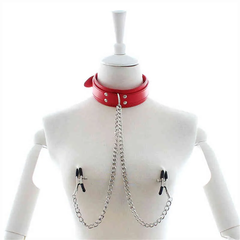 NXY Sex Pump Leksaker Läder Choker Collar With Nipple Breast Clamp Clip Chain Couple SM För Kvinna Verktyg Par Vuxna Spel 1221