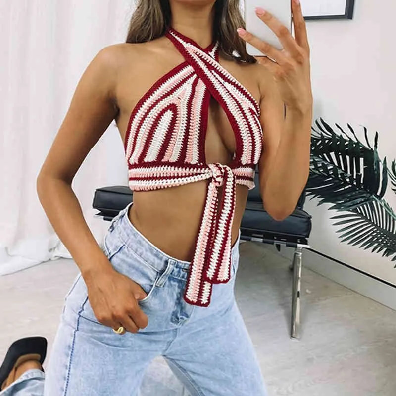 Sexy Cut Out Y2K Knitted Halter Crop Top Women Summer Sleeveless Lace Up Tee Party Tank Female Backless Shirt Beachwear 210510