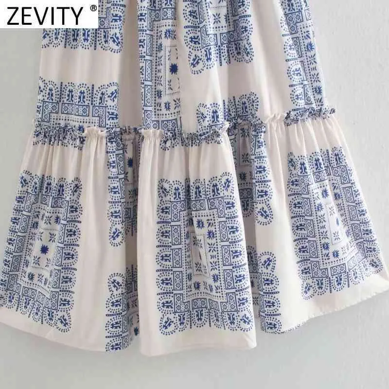 Frauen Vintage Quadrat Kragen Blau Weiß Porzellan Druck Falten Rüschen Midi Kleid Weibliche Puff Sleeve Kimono Vestido DS8159 210416