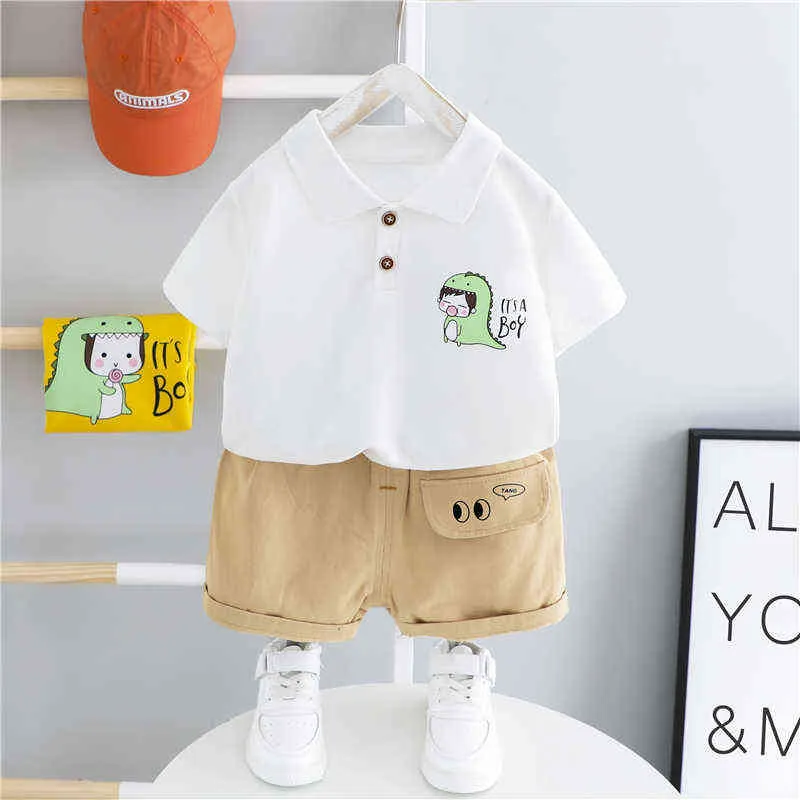 Toddler Infant Sommar Kläder Satser Baby Boys Cartoon Lapel T Shorts Cartoon Dinosaur Kids Outfits Barn Casual Clothes G220310