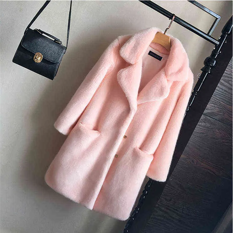 Women Mink Faux Fur Coat Solid Female Turn Down Collar Winter Warm Fake Lady Casual Jacket 211124