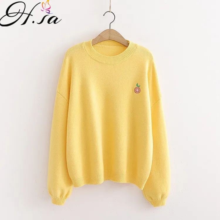 Höst Vinter Kvinnor Casual Sweater Pullovers Lemonfrukt Broderi Jumpers Japanska Gul Stickad Top 210430