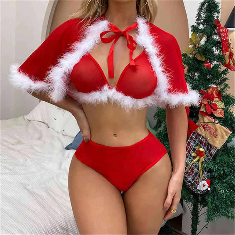 L'Europe et les États-Unis Costume de robe de gaze adulte de Noël Appel Voir à travers la lingerie Sexy Hot Woman Set 211208