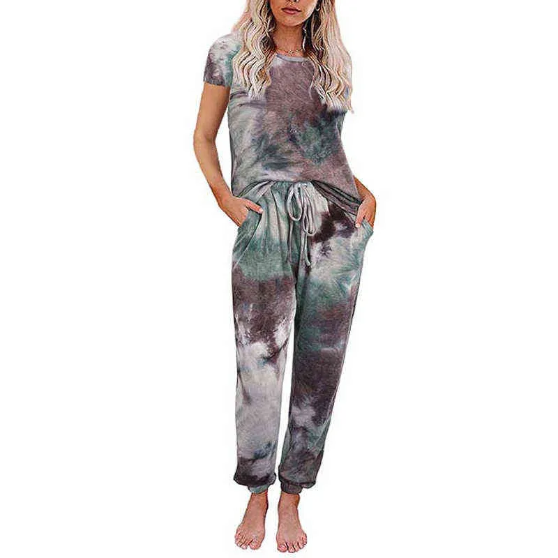 Autunno Tie Dye Pigiama Set Donna Sleepwear Leopard Lounge Wear Donna Manica corta Indumenti da notte Abiti da casa 211215