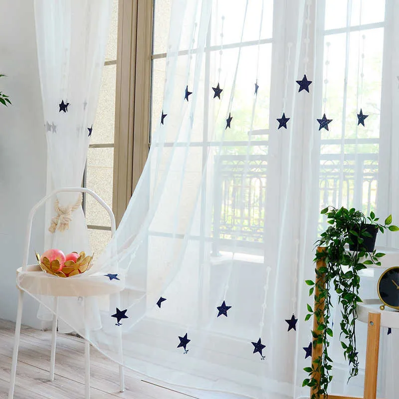 Rideau transparent d'étoile brodé rose pour les traitements de fenêtre de chambre à coucher d'enfants Mesh Tulle Rideau Rideaux de salon wp309 # 5 210712