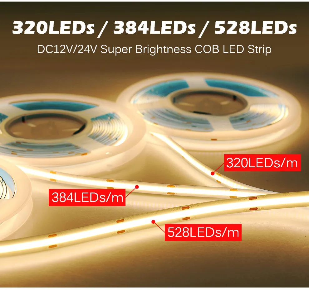 COB LED 스트립 라이트 고밀도 FOB COB 유연성 LED 조명 RA90 3000K 4000K 6000K LED 테이프 DC12V 24V 5MLOT8608608