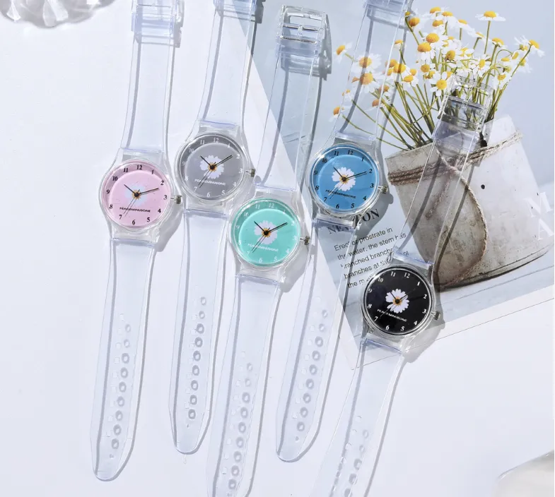 Mała Daisy Jelly Watch Studenci Girls Cute Cartoon Chrysanthemum Silikonowe zegarki Transparent Pin Pin BurekleWatches325h