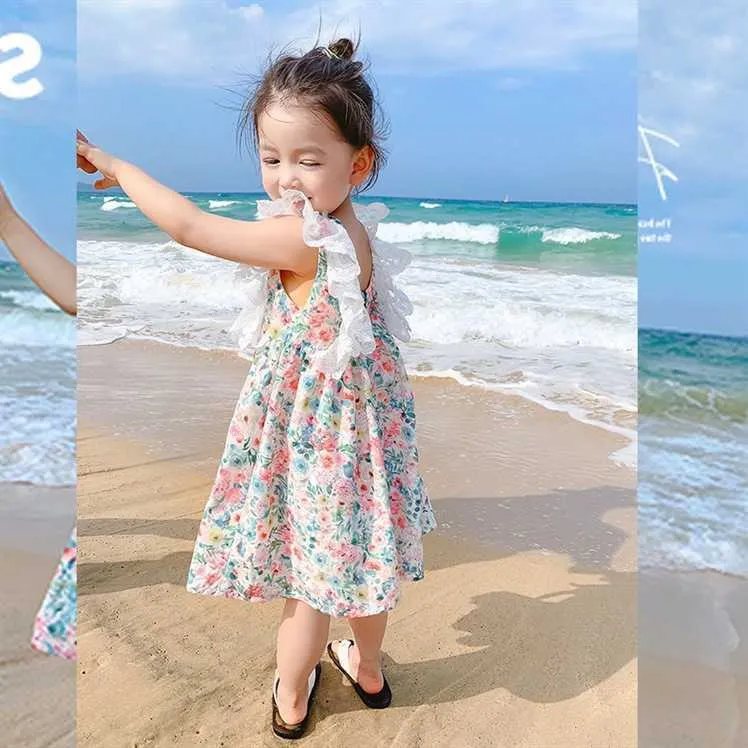 Motivo floreale Beach Girls Dress Ruffles Straps Open Back Prendisole le vacanze Lovely Flower Clothing 210529