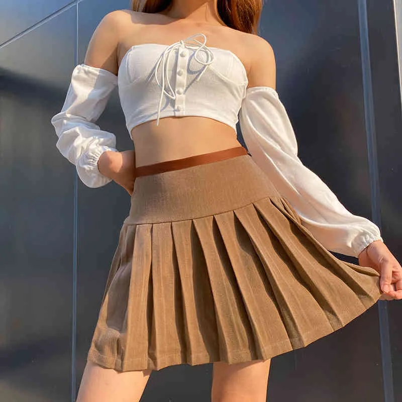 Koreanska modepläterade kjolar för kvinnor Preppy Style Tie Up Bandage High Waist Casual 90s Mini Skirt Spring Streetwear 210517