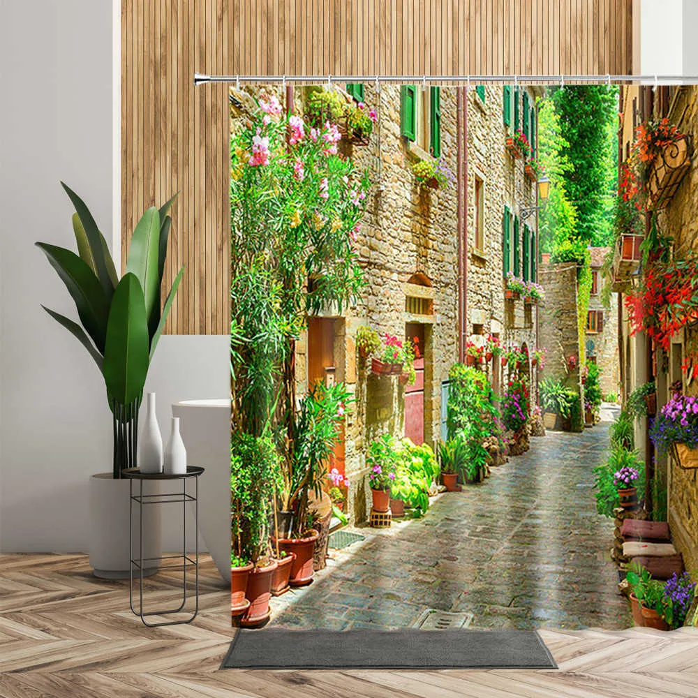 Garden Street Shower Curtains Colorful Flower Alley Printed 3D Bathroom Curtain Set Waterproof Home Bath Accessories With Hooks 210915