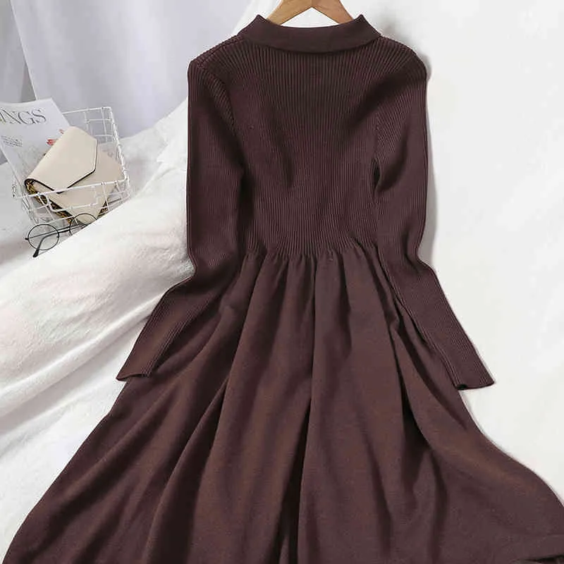 Korobov coréen doux Chic tricot robe Vintage à manches longues col rabattu bouton robes nouveau solide Vestidos Femme 210430