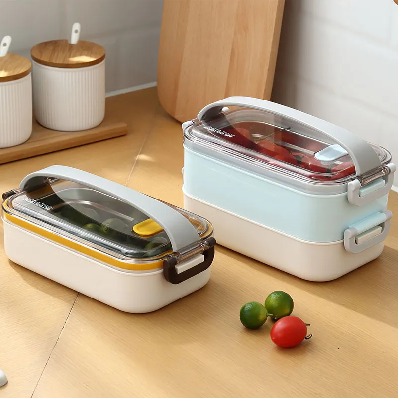 Lunchlåda läckertät dubbelskikt Bento miljövänligt matbehållare rostfritt stål för barnskola picknick mikrovågsugn 210423