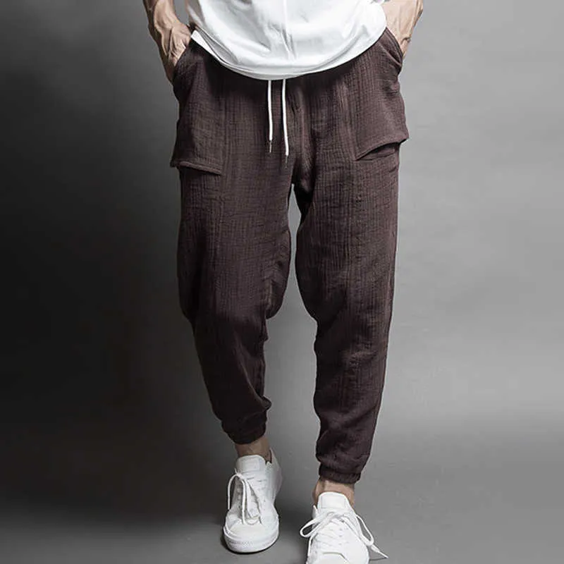 Wysokiej jakości męskie hip hop bawełniane spodnie lniane sznurek talii kieszeń luźna ołówek dorywczo harem spodnie dresowe spodnie 210715