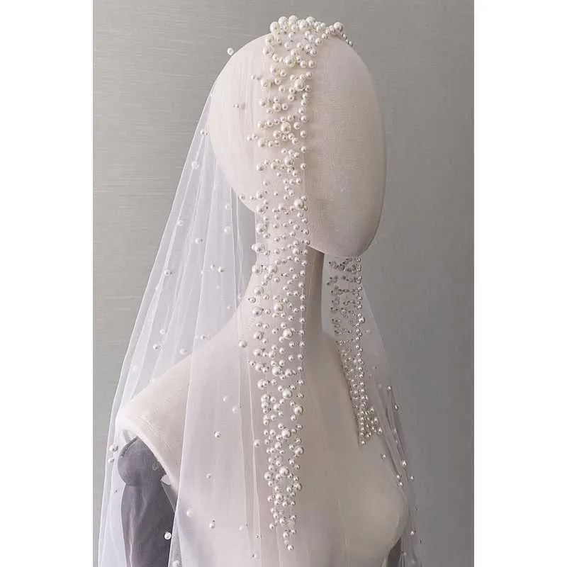 Romantische Trailing Cathedral Wedding Sluier One-Layer Pearl Beading Headpiece X0726