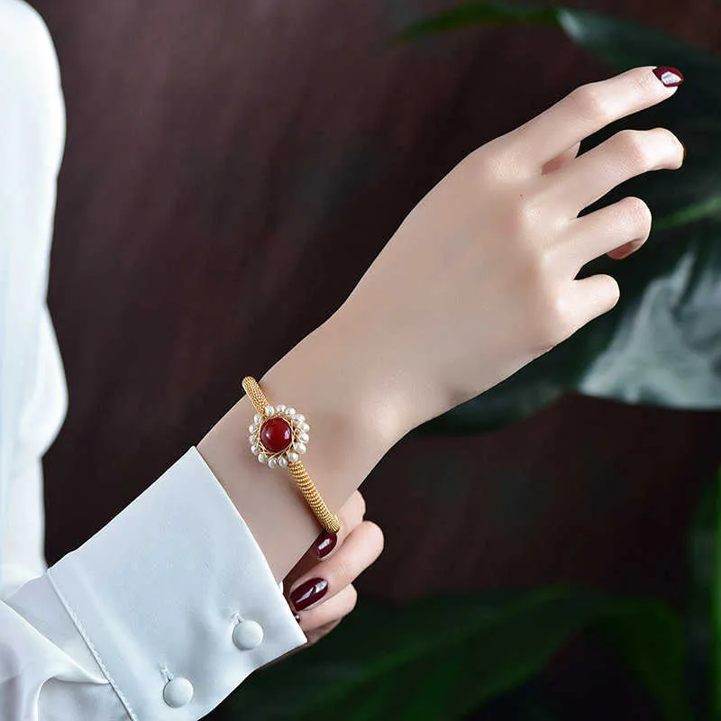 2021 Nieuwe originele natuurlijke sieraden mode zoetwater parel zon bloem verstelbare charme manchet armbanden bangle voor meisje Q0717