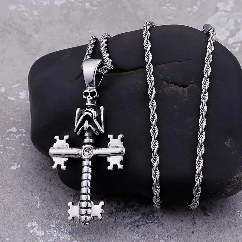 Punk mal crânio pingente colares para homens de aço inoxidável cruz corrente gótico motociclista jóias acessórios202e