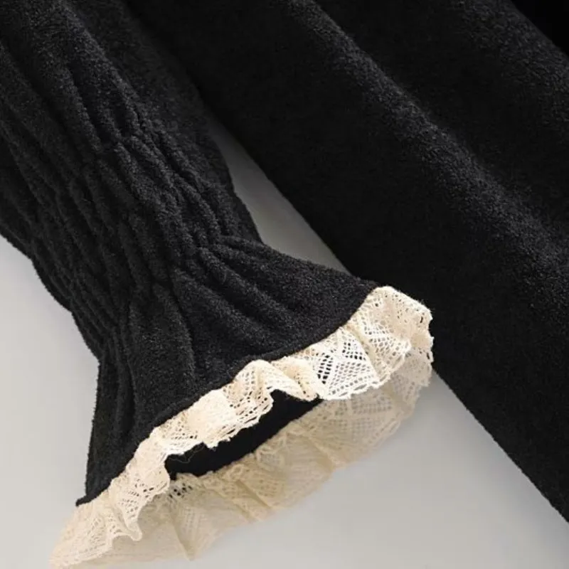 Vintgaeの女性の黒いスリムレースのパッチワークベルベットのドレス秋のエレガントな女性の柔らかい長袖ES女性のシック210515