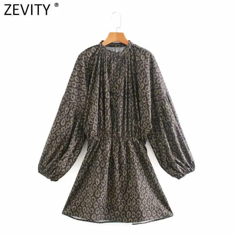 Zevity mujeres vintage tótem estampado floral cintura elástica mini vestido femme linterna manga casual suelto elegante vestido DS4888 210603